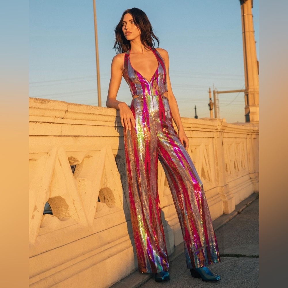 Nastygal Stripe Sequin Halterneck Wide Leg Jumpsuit - Pink Multicolor. NWOT